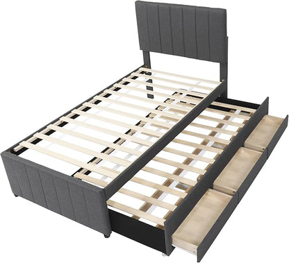 Twin Size Bed Frame with Trundle Bed and Storage Drawers,Linen Upholstered Bed Frame,Twin Size Trundle Bed with Adjustable Headboard,Upholstered Platform Bed Twin for Kids Teens Adults,Gray