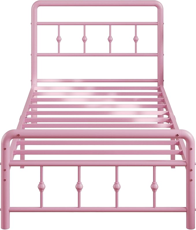 12 Inch Twin Bed Frames with Headboard and Footboard, Heavy Duty Twin Metal Mattress Foundation No Box Spring Needed, Noise Free, Easy Assembly, Pink
