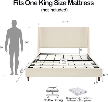 Harper Bed Frame with 54" Extra-Tall Headboard - Modern Wingback Upholstered Platform Bed, Textured Boucle Fabric, 1000lbs Heavy Duty Support, No Box Spring Needed(Ivory, King U.S. Standard)