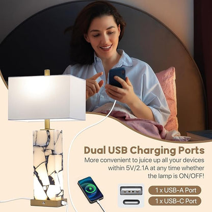 Natural Marble Table Lamps Set of 2: 3-Color Temperatures Alabaster Lamp with Nightlight, Bedside lamps with USB Ports, Bedroom Lamps for Night Stands End Table lamps for Living Room, Bulbs Included