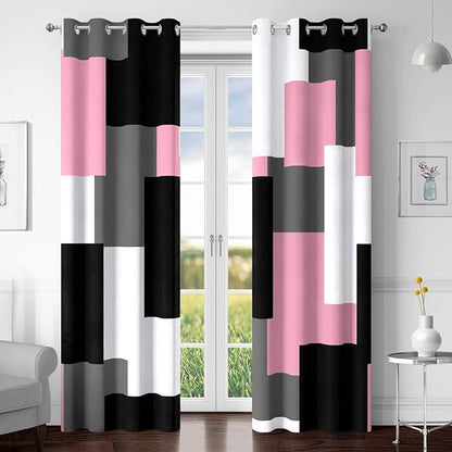 Pink 100% Blackout Curtains for Bedroom 63 inch Length 2 Panels Set White Grey Modern Abstract Geometric Black Out Curtains Insulated Room Darkening Window Drapes for Girls Living Room, 52Wx63L