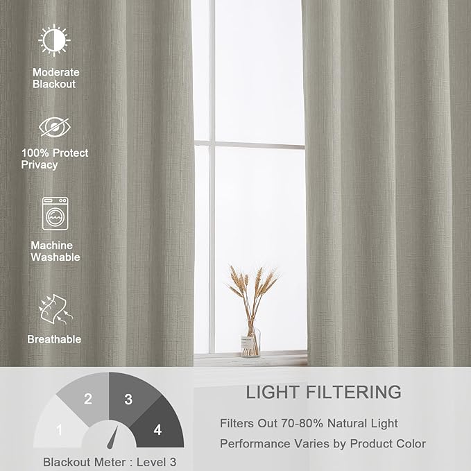 Jacquard Linen Curtains 96 inch Length 2 Panels Thick Faux Linen Blended Window Drapes Burlap Textured Curtains with Grommet for Living Room Bedroom Farmhouse (52x96 Light Khaki) Natural
