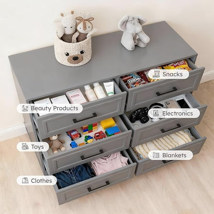 Farmhouse Dresser for Bedroom, 6 Drawer Dresser with Unique Solid Wood Legs, Modern Wide Chest Dressers for Clothes, Closet, Living Room, Grey