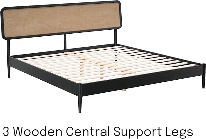 NTC Lupin Wooden Bed Frame with Headboard, Solid Oak and Rubber Wood Foundation with Silent Slats and Wood Central Supports, 1000 Lb Capacity, Effortless Assembly, King - Burnt Black