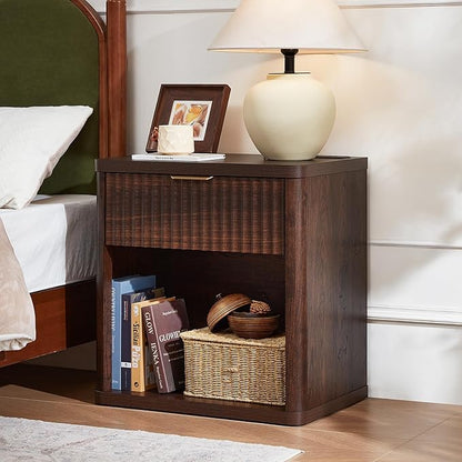 LEYAOYAO Fluted Nightstand with Charging Station, 23" Wide 1 Drawers Night Stand,Walnut End Table with Open Storage,Farmhouse Bed Side Tables, Wood Dresser for Bedroom, Living Room, Closet