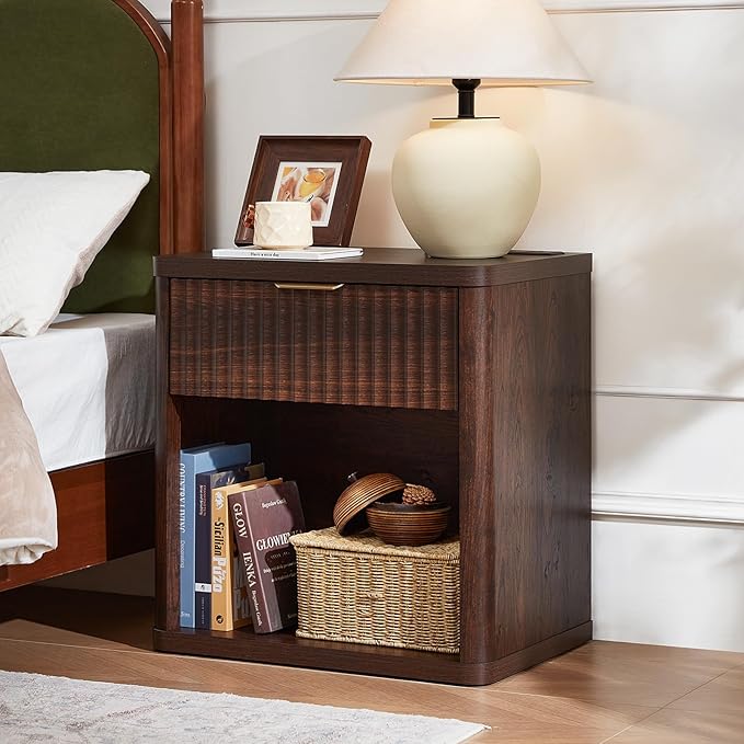 LEYAOYAO 23" Wide Fluted Night Stand with Charging Station, 1 Drawers Large End Table with Storage, Walnut Nightstand Wood Bedside Tables, Farmhouse Cabinet Dresser for Bedroom, Closet