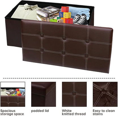 xupersodys 30 Inches Folding Storage Ottoman Bench, Faux Leather Footstool Ottoman, Storage Trunk Footrest for Bedroom, Living Room and Hallway, Support 350lbs, Brown (White line)