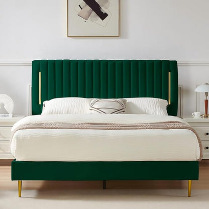 Full Platform Bed Frame, Velvet Upholstered Bedframe with Vertical Channel Adjustable Headboard, Golden Plating Trim, Mattress Foundation with Wooden Slats, No Box Spring Needed, Green