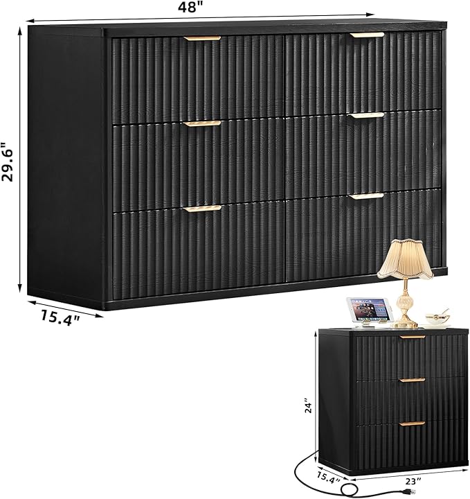 LEYAOYAO Fluted Dresser and 3 Drawers Nightstand Set of 2, Wood 48" Wide Dresser & 23" Night Stand with Charging Station, 3 Piece Bedroom Furniture Set, Chest of Drawers for Home,Living Room,Black