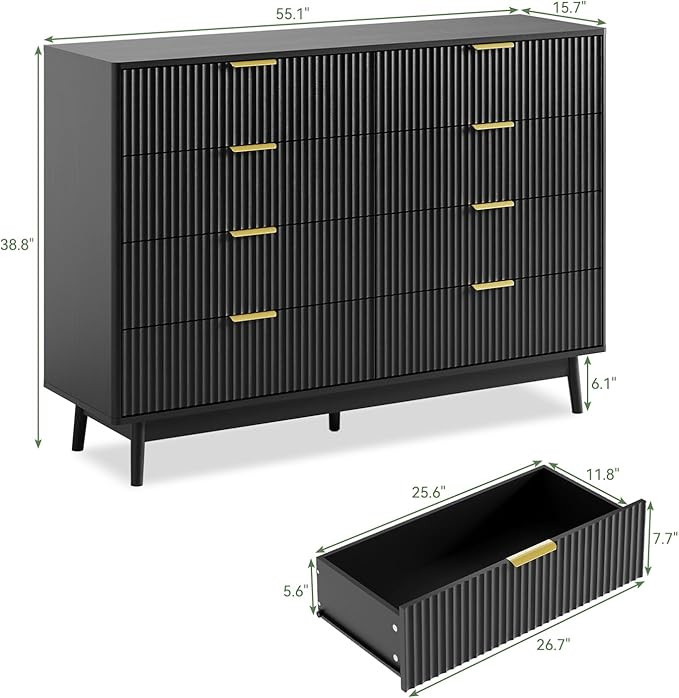 LYNSOM Fluted Dresser and Nightstand Sets 3 Piece, 8-Drawers Dresser and 1-Drawer Nightstands Set of 2, Wood Bedroom Furniture Set for Home, Bedroom, Hallway, Black