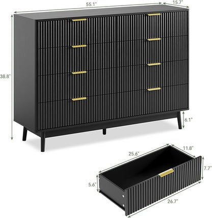 LYNSOM Fluted Dresser and Nightstand Sets 3 Piece, 8-Drawers Dresser and 1-Drawer Nightstands Set of 2, Wood Bedroom Furniture Set for Home, Bedroom, Hallway, Black