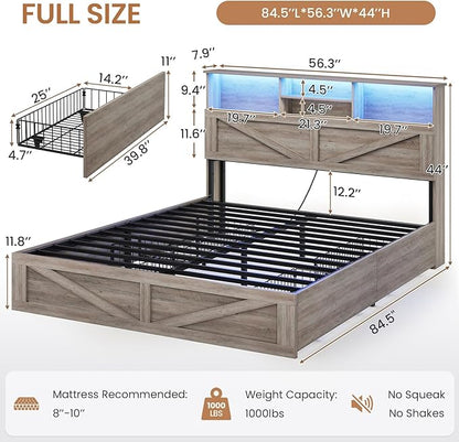 VIAGDO Farmhouse Bed Frame Full Size with Bookcase Storage Headboard, Charging Station and LED Lights, Wooden Full Bed Frame with 4 Drawers, Barn Door Design, No Box Spring Needed, No Noise, Grey