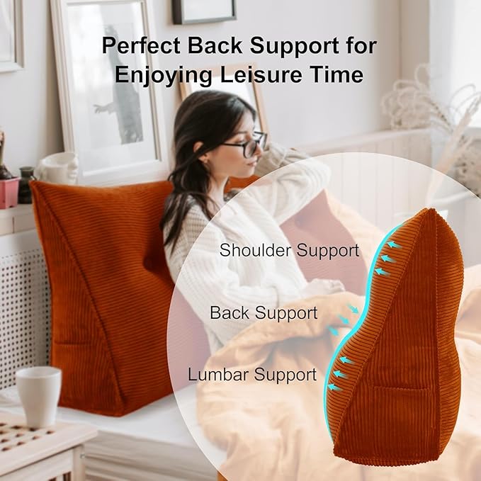 WOWMAX 100% Cotton Corduroy Headboard Pillow – California King Size Back Support Reading Wedge for Bed & Daybed, Plush Handmade Bolster Cushion with Removable Cover, Cozy Bed Rest Pillow, Rusty Orange