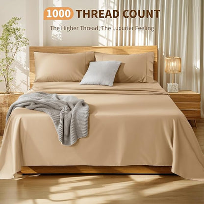LBRO2M 100% Cotton Sheets Set Deep Pocket 19", 1000 Thread Count Full Size 4 Piece Bed Sheet Sets Soft Comfortable Bedding All Season (Full, Cream)