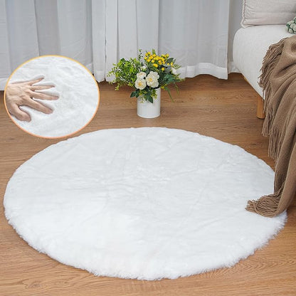 White Faux Fur Round Rug 4ft Fluffy Rabbit Fur Rug Machine Washable Circle Area Rugs for Living Room Bedroom Home Teen Room Nursery Décor