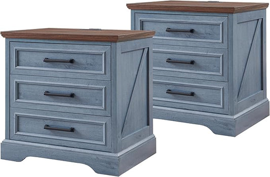 ACCOHOHO Farmhouse Nightstands Set of 2, 22 Inch Wide End Table with Charging Station & 3 Large Drawers, Rustic Wood Small Dresser Chest of Drawers for Bedroom, Living Room, Blue