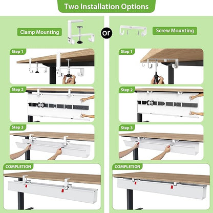 KEEGH Extra Large 48" Under Desk Cable Management Tray - Under Desk Cord Management - Clamp/Screw Mount - Support Upto 70lbs - Fabric Wire Management - Cable Raceways Cord Hider for Office/Home, White