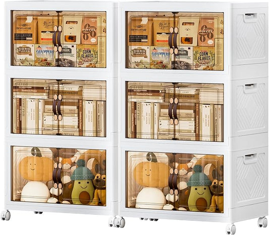 JEKO&JEKO 492Qt Stackable Storage Bins with Lids and Wheels, Foldable Collapsible Plastic Boxes for Clothes, Home, White, 6Pack