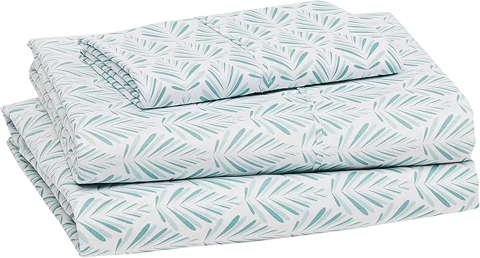Amazon Basics Lightweight Super Soft Easy Care Wrinkle Free Microfiber 3 Piece Bed Sheet Set with 14-Inch Deep Pockets, Twin, Aqua Fern, Floral, Kids, Men & Women Bedding (Pack of 4)