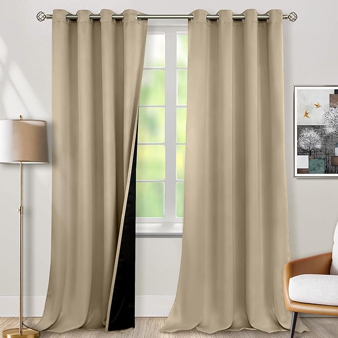 BGment Thermal Insulated 100% Blackout Curtains for Bedroom with Black Liner, Double Layer Full Room Darkening Noise Reducing Grommet Curtain (52 x 90 Inch, Sand, 2 Panels)