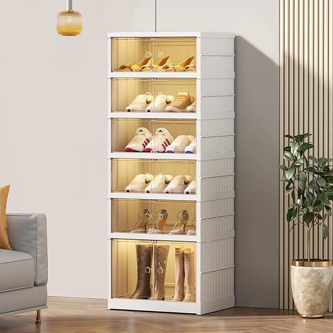 Foldable Shoe Rack Organize 6 Tier Plastic Shoe Shelf, 12 Pairs Collapsible Shoes Storage Bins, Large Folding Shoe Boxes for Closet with Doors, Stackable Storage Shoe Cabinet