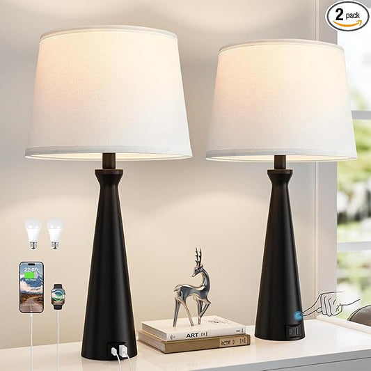 Seealle Modern Table Lamps Set of 2 - Touch Bedside Lamp for Nightstand with Dual USB C+A,3-Way Dimmable Black Nightstand Lamps for Living Room Bedroom End Table(Bulb Included)