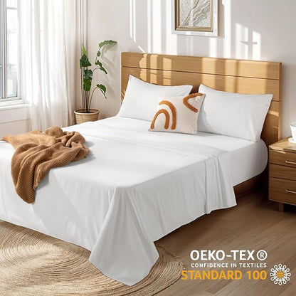 LBRO2M 100% Cotton Sheets Set Deep Pocket 19", 1000 Thread Count Queen Size 4 Piece Bed Sheet Sets Soft Comfortable Bedding All Season (Queen, White)
