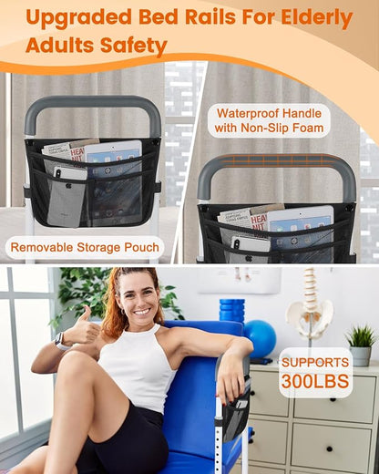 Bed Rails for Elderly Adults Safety - Adjustable Bed Assist Rail for Seniors - Stable Bed Side Rails Handle Support Bar Beds Guard Rail with Storage Bag & Fixing Strap, Fit King Queen Full Twin
