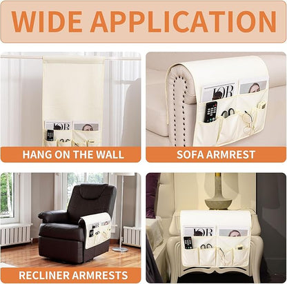 HAOMAIJIA Anti Slip Sofa Armrest Organizer Arm Chair Bedside Caddy Storage Organizer For Recliner Couch With 6 Pockets For Cell Phone Tv Remote Control (Ivory White, 31.89 inches × 18.5 inches)