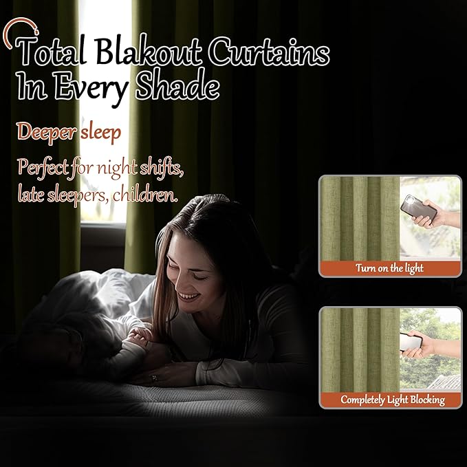 100% Linen Blackout Curtains for Bedroom Living Room 45 Inch Long 2 Panels, Thermal Insulated Light Blocking Soundproof Curtains, Noise Reducing Window Drapes 52x45 Inch 2 Panels, Olive Green