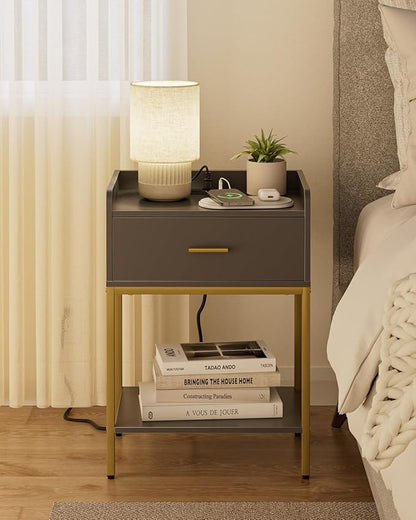 Masupu Nightstand with Charging Station,3-Tier Modern Bedside Night Stand with Storage Drawer and Shelf,Small End Side Table for Bedroom,Living Room,Grey