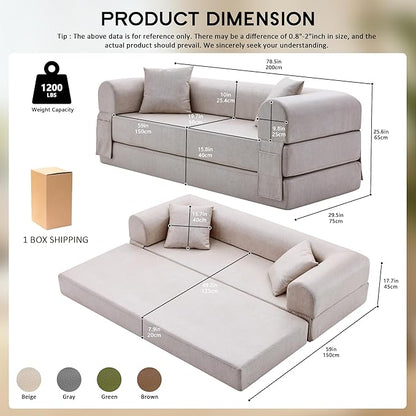 78.5" Convertible Sleeper Sofa Bed, Faux Leather Folding Floor Sofa with Pullout Bed&2 Pillows, No Assembly Modern Boneless Couch Compression Sofa in Box with Storage Pocket for Living Room, Beige