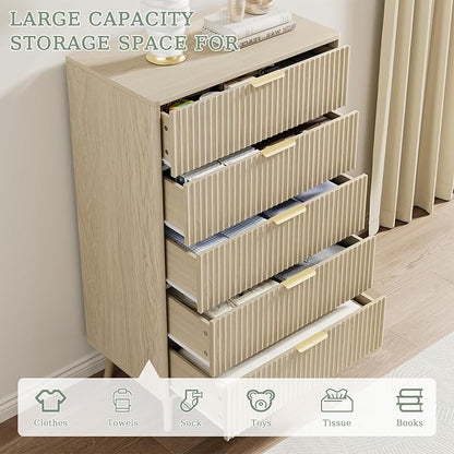 LYNSOM Fluted Dresser and Nightstand Sets 3 Piece, 5-Drawers Dresser and 1-Drawer Nightstands Set of 2, Wood Bedroom Furniture Set for Home, Bedroom, Hallway, Beige