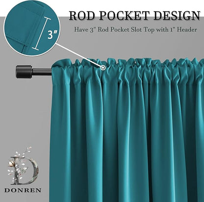 DONREN 72 Inches Long Teal Blackout Curtain Panels for Bedroom - Thermal Insulated Room Darkening Rod Pocket Curtains for Living Room (42 by 72 Inch Length,2 Panels)