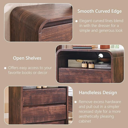 25" Tall Modern Nightstand with Charging Station, 23.6'' Wide Wood Bedside Table w/2 Storage Drawers, Large Mid Century End Table for Bedroom, Living Room, Curved Profile Design, Brown