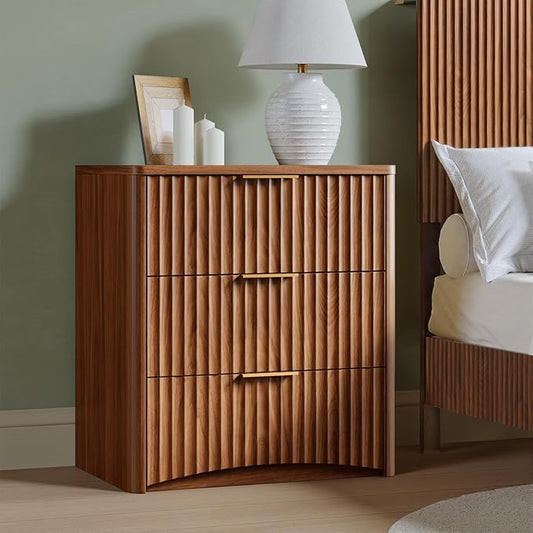 Evermagin Fluted Nightstand, Walnut Bedside Table with 3 Drawers, Wood End Table with Storage Mid Century Modern, Large Night Stand for Bedroom