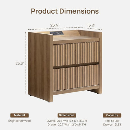 SICOTAS Night Stand Fluted Nightstands with Charging Station- Modern 2 Drawers Nightstand 25" Tall Bedside Table End Table, Large Night Stands for Bedroom, Living Room Sofa Side (Caramel Oak, 1 Piece)