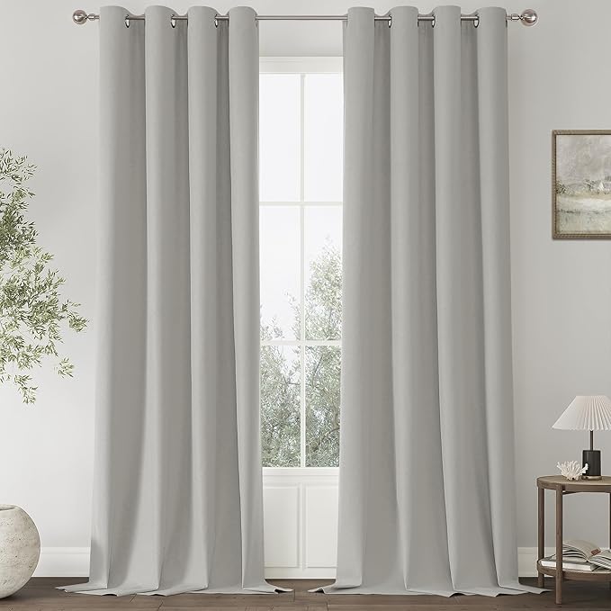 ChrisDowa 100% Blackout Light Grey Solid Curtains 96 Inches Long 2 Panels for Bedroom Living Room,Farmhouse Room Darkening Thermal Insulated Soundproof Grommet Top Window Treatment Drapes,52x96