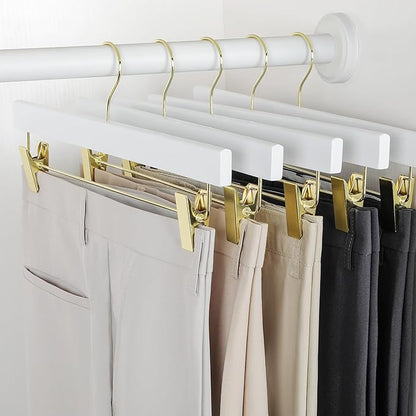 TOPIA HANGER White Wooden Pants Hangers with Gold Clip, 10 Pack Skirt Short Trousers Jeans Slacks Hangers with 360 Swivel Hook and 2 Adjustable Clips with Rubber Padded for Closet, CT50WG