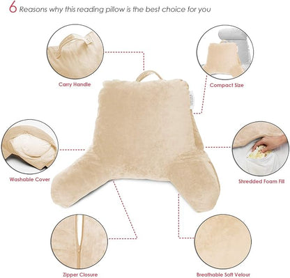 Nestl Reading Pillow with Shredded Memory Foam, Designed for Sitting Up in Bed and Couch, Back and Arms Adjustable Support for Adult & Teens Backrest Pillows for Reading, Washable Cover, Beige Cream