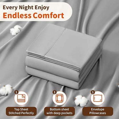 LBRO2M 1000 Thread Count 100% Egyptian Cotton Sheets Set Twin XL, 3 Piece Sets Bed Sheet Deep Pocket Sheet Set 16" Soft Comfortable All Season (Twin XL, Gray)