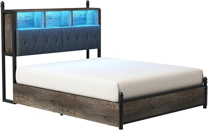 AMERLIFE Full Size Bed Frame with Bookcase Headboard and 4 Storage Drawers, Wooden Platform Bed with Charging Station and LED Light, No Box Spring Needed/Noise-Free, Gray