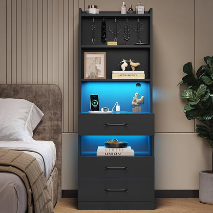 VIAGDO Tall Nightstand Set of 2 with Charging Station and LED Lights, Black Night Stand Set 2 with Bookshelf, Modern LED Bedside Tables with 3 Drawers and Storage Shelves, Side Tables for Bedrooms