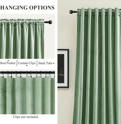 Sage Green Velvet Curtains 102 Inches Long for Bedroom, Super Soft Room Darkening Thermal Insulated Curtains Luxury Window Drapes for Living Room Nursery, Back Tab Rod Pocket, W52 x L102, 2 Panels