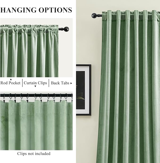 Sage Green Velvet Curtains 84 Inches for Living Room, Elegant Thermal Insulated Room Darkening Heavy Blackout Drapes Luxury Curtains for Bedroom Nursery, Back Tab Rod Pocket, W52 x L84, 2 Panels