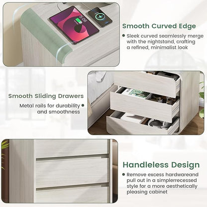 White Nightstand with Charging Station, 25" Tall Wood Bedside Table, Modern Dresser End Table with 3 Storage Drawers, Curved Profile, Mid Century Night Stand for Bedroom Dorm Sofa Office