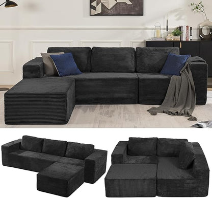 Loveseat Sofa, Cloud Modular Sofa Couch, Upholstered Floor Sofa with Deep Seat, Upholstered Foam Couch for Bedroom Living Room, No Assembly Required (Plush Corduroy Fabric, Black)
