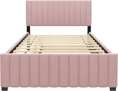 Full Bed Frame with Trundle Bed,Velvet Upholstered Platform Bed Frame,Full Size Trundle Bed with Headboard for Kids Teens Adults(Pink)