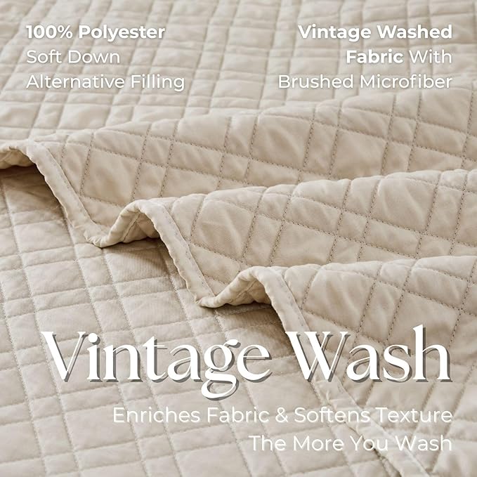 King Quilt Set with Shams Lightweight Quilted Bedspread Coverlet Thin Comforter Bed Cover Vintage Washed Quilted Blanket for All Season, Brushed Microfiber Diamond Stitching, Beige, 104"x92"