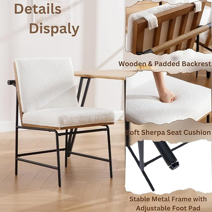 Modern Dining Chairs Set of 6, Comfy Sherpa Fabric Armless Upholstered Side Chairs with Wooden Backrest Black Metal Legs for Dining Room Living Room, White